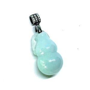 Calabash Genuine Grade A Jadeite Jade 925 Sterling Silver Diamond Pendant 1.3”